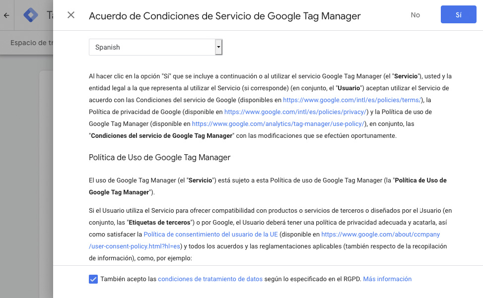 Aceptar los términos de servicio de Google Tag Manager y de GDPR