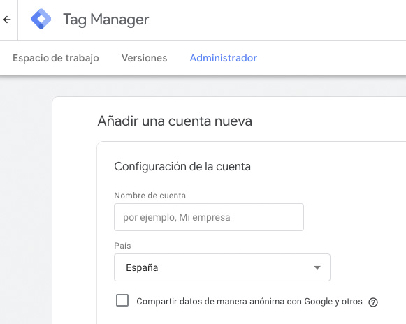 Añadir una nueva cuenta de Google Tag Manager: configuración de la cuenta